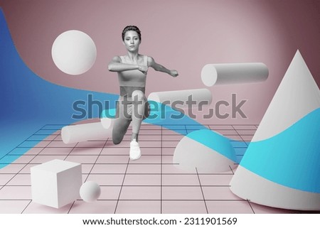 Photo cartoon comics sketch collage picture of purposeful lady jumping sporty 3d equipment isolated creative background