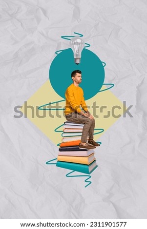 Vertical creative abstract photo collage of minded thoughtful deep thinking man sit on book lamp over head isolated white paper background