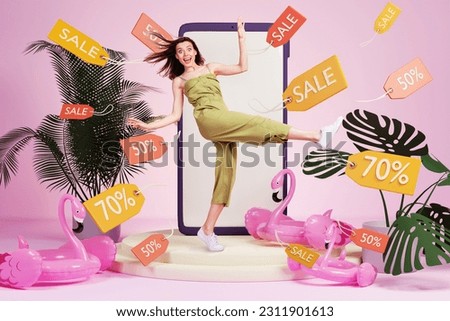 Advert poster photo 3d collage banner of carefree crazy girl dance platform promoting store travel goods isolated pink color background