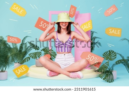 Photo 3d comics sketch collage picture of excited funny lady buying sale summer clothes isolated blue color background
