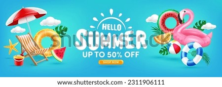 Summer poster or banner template With Pink Flamingo Pool Float,Fruit Pool Floats,Beach Chairs, Beach Umbrella and Summer element on blue background.Promotion and shopping template for Summer Royalty-Free Stock Photo #2311906111
