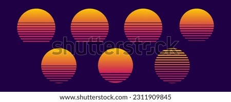 Set of retro graphics with sun dipped in sea. Sunset collection. 80s pack of vector sunsets. Elements for 80's and 90's posters, illustrations and web designs.