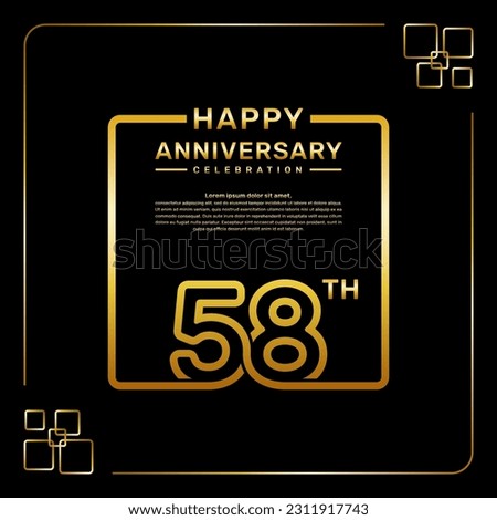 58 year anniversary celebration logo in golden color, square style, vector template illustration