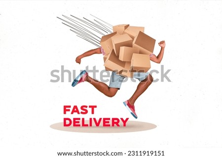 Collage placard advertisement of headless carton packages boxes running fast delivery postman logistics isolated on white background
