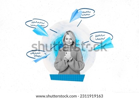 Collage banner photo of young business woman working remote receive many information messages telegram isolated on white color background