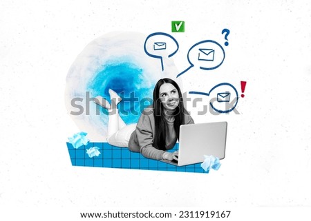 Creative photo artwork graphics collage painting of dreamy lady writing emails apple samsung device isolated white color background