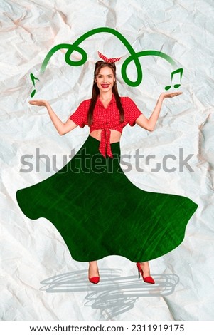 Collage of young attractive woman wear green skirt have fun dancing hold painted notes meloman clubber isolated on grey paper background