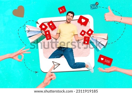 Composite collage picture of guy shopping blogger hold packages new boutique much feedback popularity isolated on over cyan background