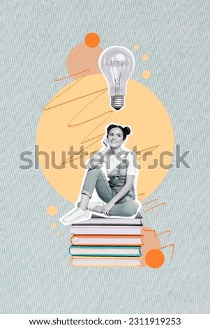 Vertical collage of young woman student studying university sitting stack books literature lightbulb ideas isolated on denim background Royalty-Free Stock Photo #2311919253