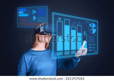Futurism poster banner collage of lady worker working distance use high tech gadget virtual reality reading start up report