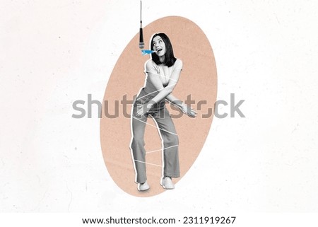 Collage image of black white effect cheerful girl dancing singing hanging microphone isolated on drawing white background