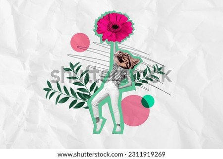 Carefree collage illustration of wildcat dance carefree girl hold gerbera flower gift international women day isolated on white background