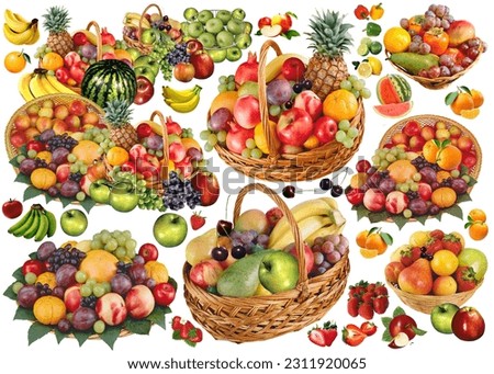 Pictures of many kinds of fruits on a white background, convenient to cut and assemble in other works.