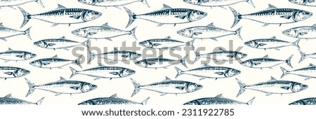 Fish seamless pattern. mackerel Fishes illustration. Hand-Drawn Underwater. Blue and White Nautical Design