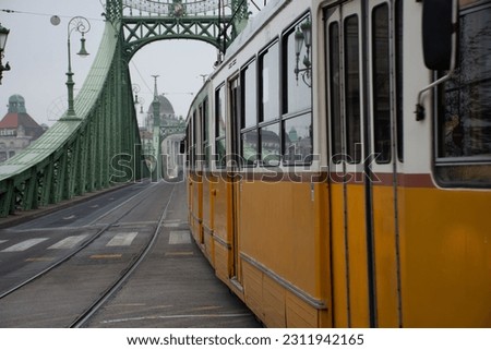 Tramcar sideview passing through a green bridge