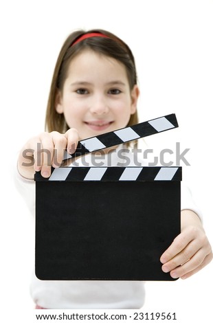 young girl holding a movie clapper isolated on white background