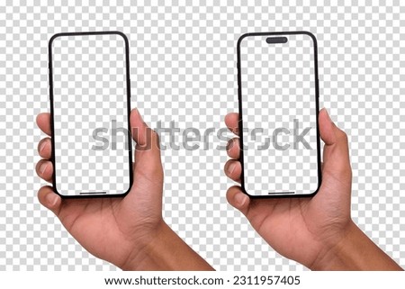Hand holding smart phoneMockup and screen Transparent and Clipping Path isolated for Infographic Business web site design app