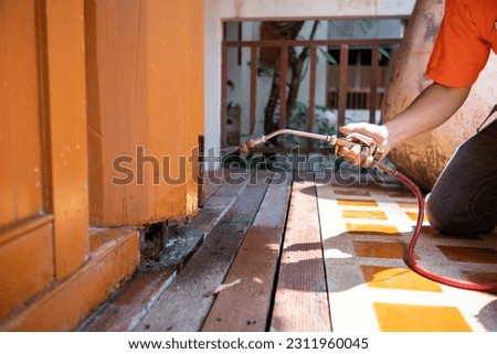 young man chooses to use termite control chemicals that are not toxic to humans mixed with water in tank for spraying to eliminate termites. enabling young man to spray termite repellant by himself Royalty-Free Stock Photo #2311960045