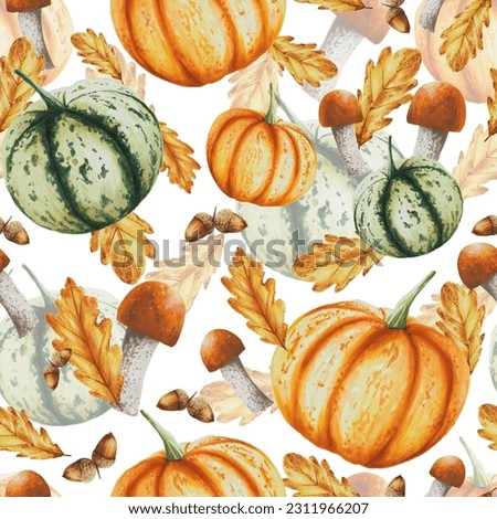 Autumn watercolor isolated seamless pattern with pumpkins, oak leaves, acorns, mushrooms, boletus, porcini mushrooms white background. Seasonal autumn elements. Thanksgiving, Halloween illustration fo