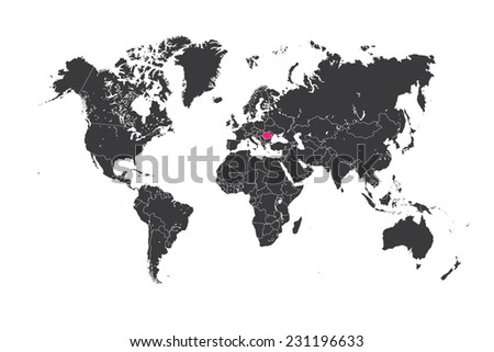 A Map of the world with a selected country of Romania
