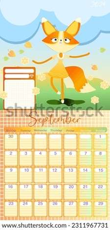 Fox wall calendar. Chinese 2024 year dragon monthly planner design for family, kid gift poster with month birthday funny cartoon cute animal, cards vector illustration of calendar with Fox