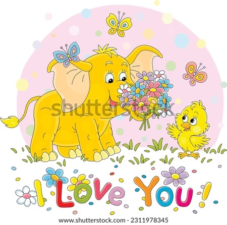 I love you card with a little baby elephant giving a beautiful bouquet of colorful flowers to a happy small chick, vector cartoon illustration isolated on a white background
