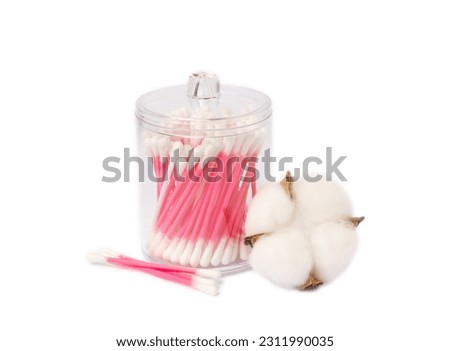White cotton swabs isolated on white background. Cotton buds. Plastic cotton swabs. Eco friendly. Hygienic cotton swabs for ears. Place for text. Place to copy.