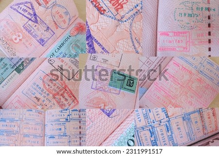 close up collage of pages of foreign passport with foreign visas, border stamps, permits to enter countries, concept of traveling around the world, traveler's travel document
