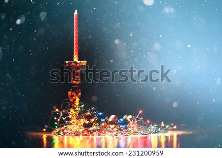 Christmas background, garland lights toys snowflakes snow glare night