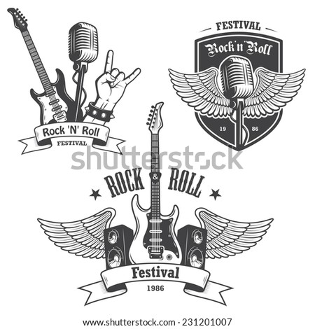 Set of rock and roll music emblems, labels, badges and design elements. Heavy metal design.