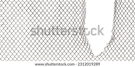Torn rusty chain link fence texture background, horizontal isolated broken old aged weathered rusted iron, perimeter security hole concept metaphor, grungy damaged vintage panorama macro closeup Royalty-Free Stock Photo #2312019289