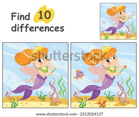Educational game for children. Find 10 differences with template. Cute cartoon mermaid fairy in underwater world. Vector illustration for children workbooks, print, decorations and design.