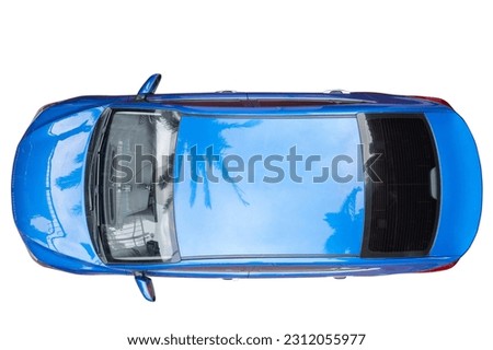 Modern blue car sedan above top drone view isolated on white background  Royalty-Free Stock Photo #2312055977