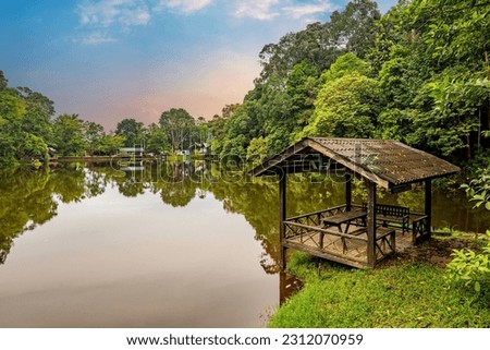 Sepilok, Sabah, Malaysia - Nov 2022: Lakeside shelter at the .Rainforest Discovery Centre in Sepilok.