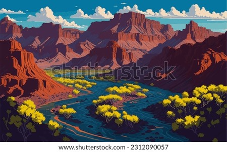 This breathtaking vector illustration captures the awe-inspiring grandeur of a mountain river, nestled amidst majestic peaks. Royalty-Free Stock Photo #2312090057