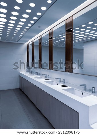Contemporary interior of public toilet with White countertops, a row of white ceramic bedpans, marble walls and a design ceiling.