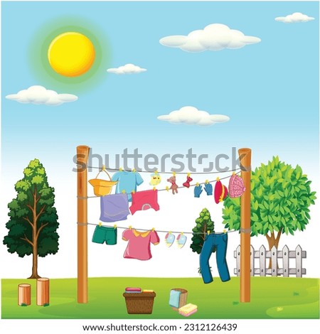 Colorful washed clothes hanged on rope outdoor and lying in straw basket after cleaning vector illustration. Daily housework or laundry drying wet clothing at summer day. Royalty-Free Stock Photo #2312126439