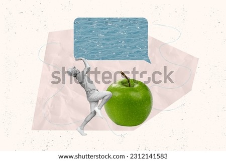 Collage picture of mini black white effect guy arms hold water dialogue bubble big green apple isolated on creative collage