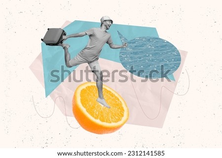 Creative collage image of mini black white effect guy hold suitcase run big orange fruit water dialogue bubble isolated on painted background