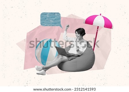 Creative composite abstract collage photo of impressed ecstatic girl sit on bean bag hold laptop win travel isolated drawing background