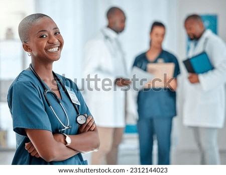 Hospital, happy doctor and portrait of black woman for medical care, insurance and wellness. Healthcare, clinic nurse or face of female health worker with crossed arms for service, consulting or help