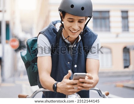 Man, courier bicycle and smile with phone, order or e commerce app for food, product and sustainable transport. Young guy, bike and metro street with texting, chat and eco friendly with logistics job