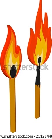 Flammable matches, Burning match with fire, icon isolated on white background. Cartoon flat design. Vector illustration.