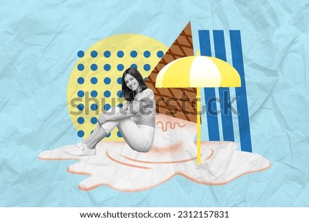 Collage picture of cheerful mini black white gamma girl sit big melting ice cream sun umbrella isolated on paper blue background