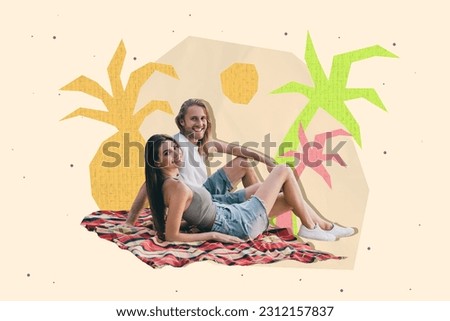 Collage portrait of two positive peaceful partners laying blanket beach drawing palm trees isolated on creative background
