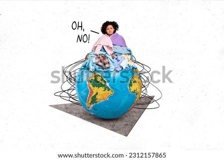 Collage picture metaphor overproduction concept garbage clothes unhappy girl dissatisfied waste over planet isolated on white background