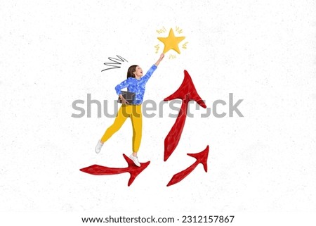 Composite illustration collage picture of funky crazy girl business employer progress jump catch star goal isolated on white background