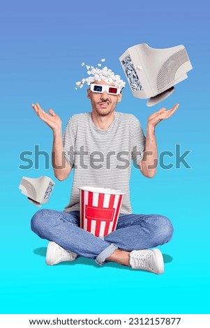 Photo comics sketch collage picture of funky guy watching 3d movie shrugging shoulders isolated blue color background