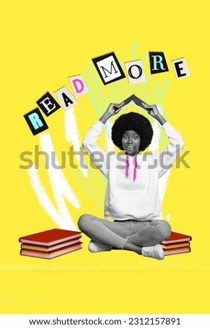 Vertical collage picture of excited black white effect girl hands hold book above head read more isolated on yellow background