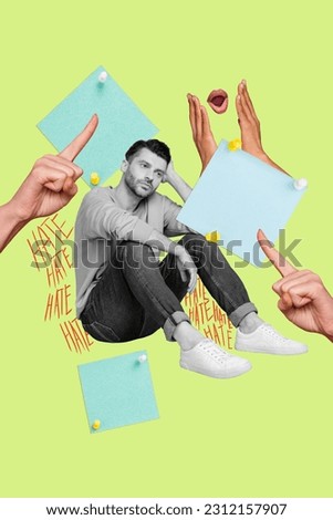 Vertical collage image of arms point fingers mini black white effect unsatisfied guy suffer hate memo stickers isolated on green background Royalty-Free Stock Photo #2312157907
